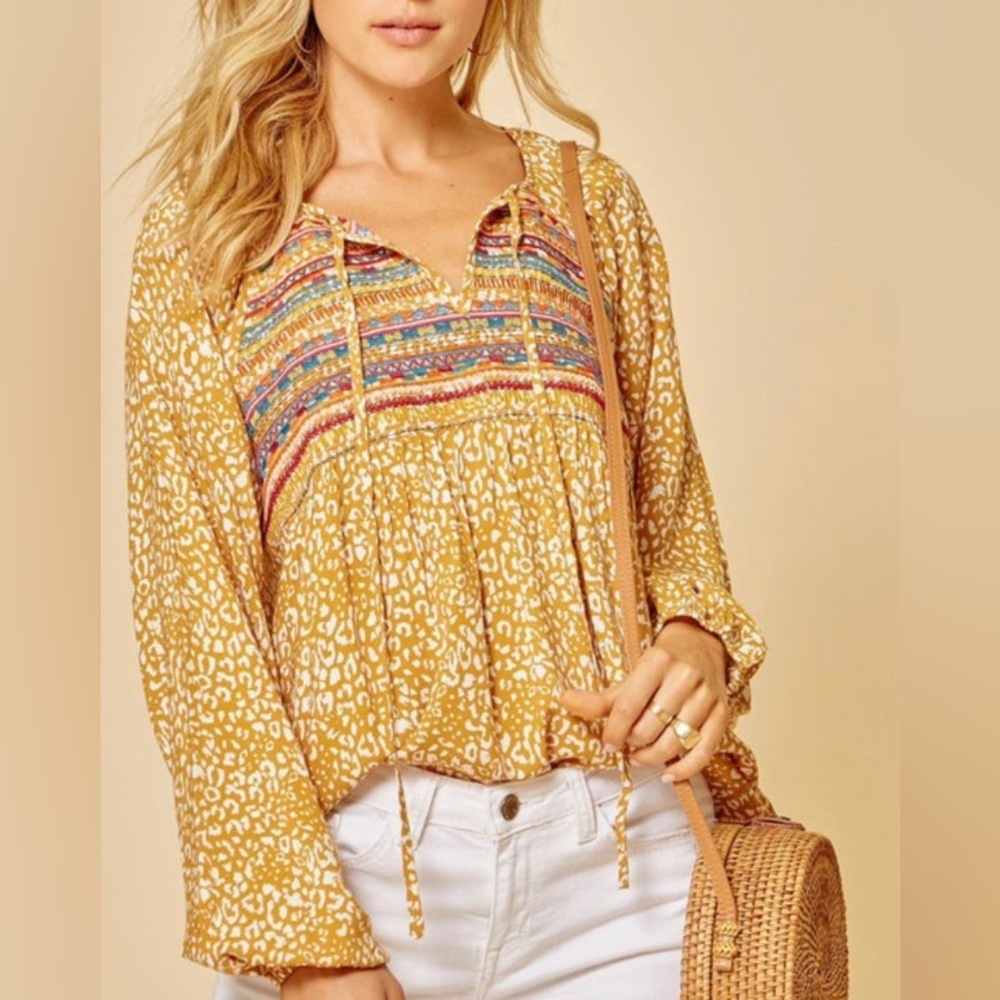 Savanna Jane Marigold Animal Print Embroidered Peasant Blouse